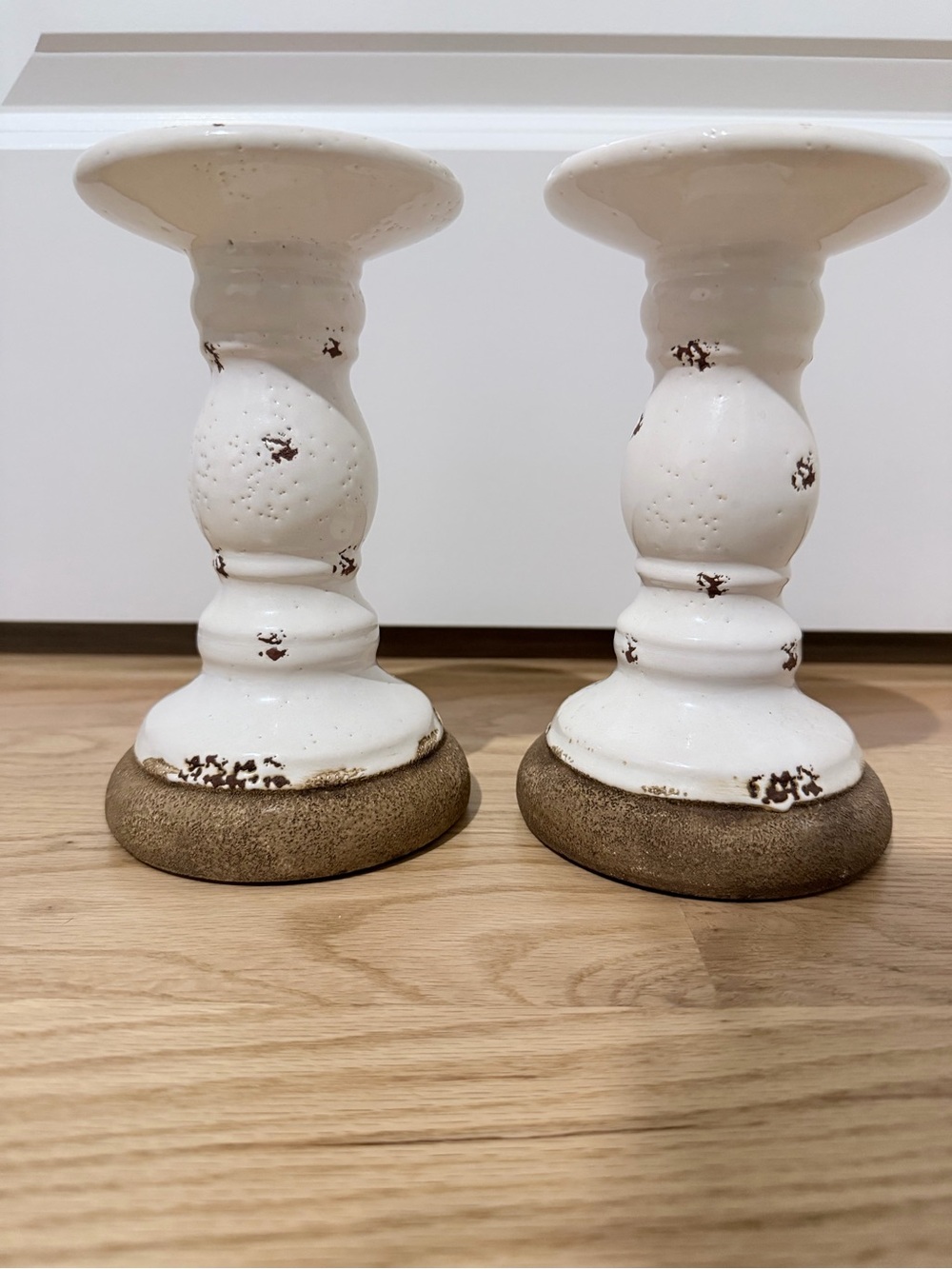 Distressed White Wood-Style Candle Holders - Set of 2 - Picture 2 of 4